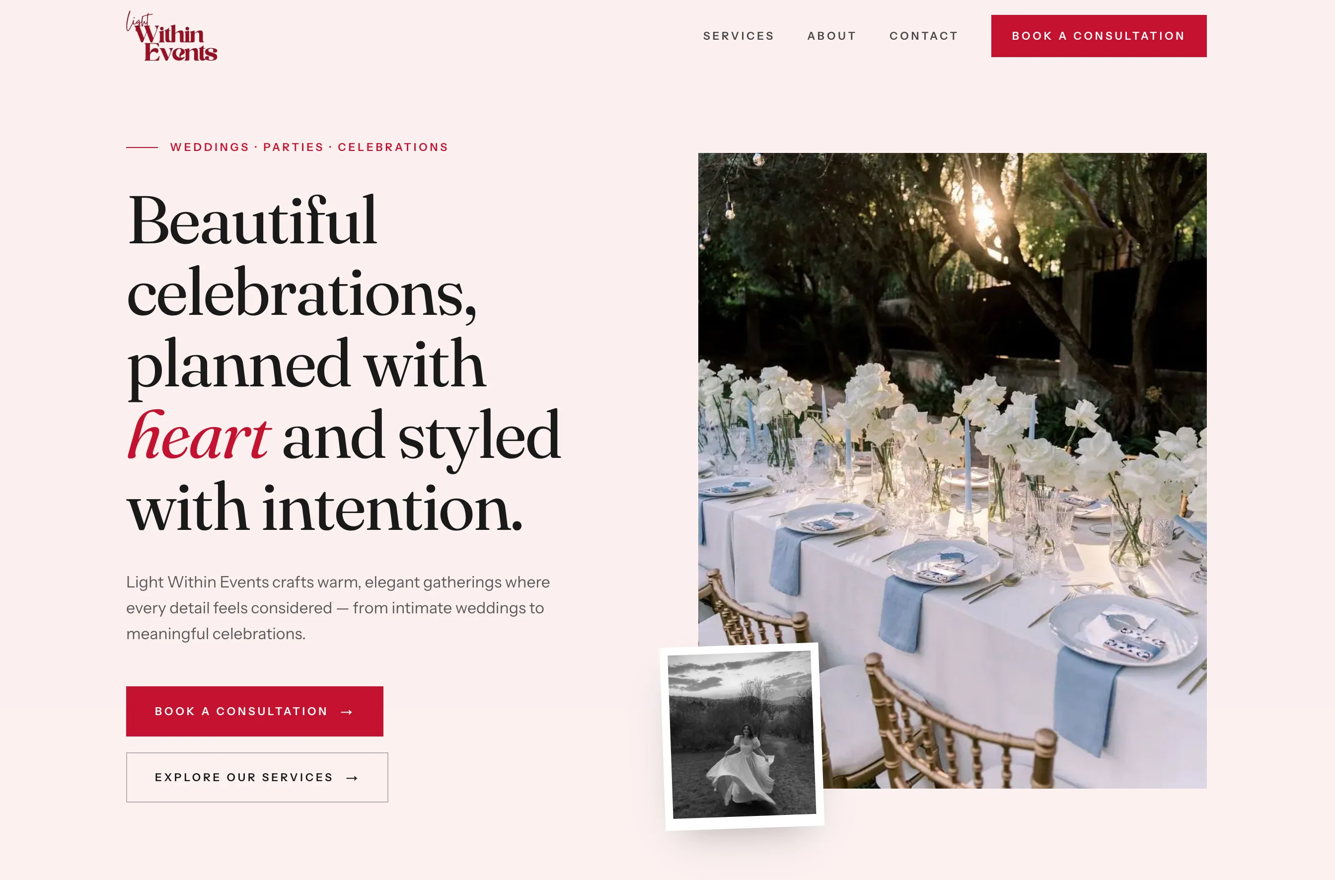Light Within Events homepage: a warm hero introduction with the studio's logo, tagline, and primary navigation.