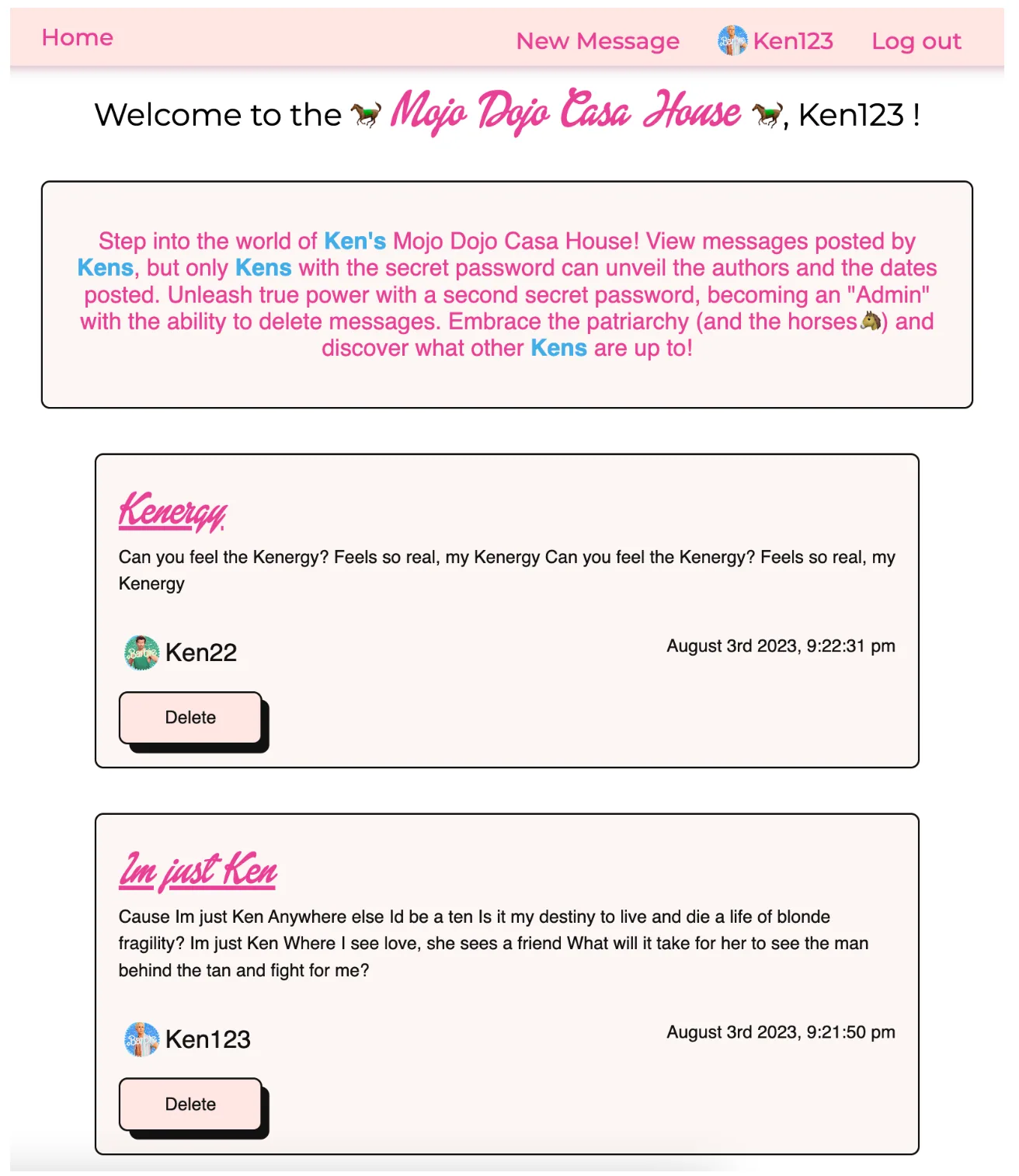 The Mojo Dojo Casa Clubhouse homepage showing the shared message board.