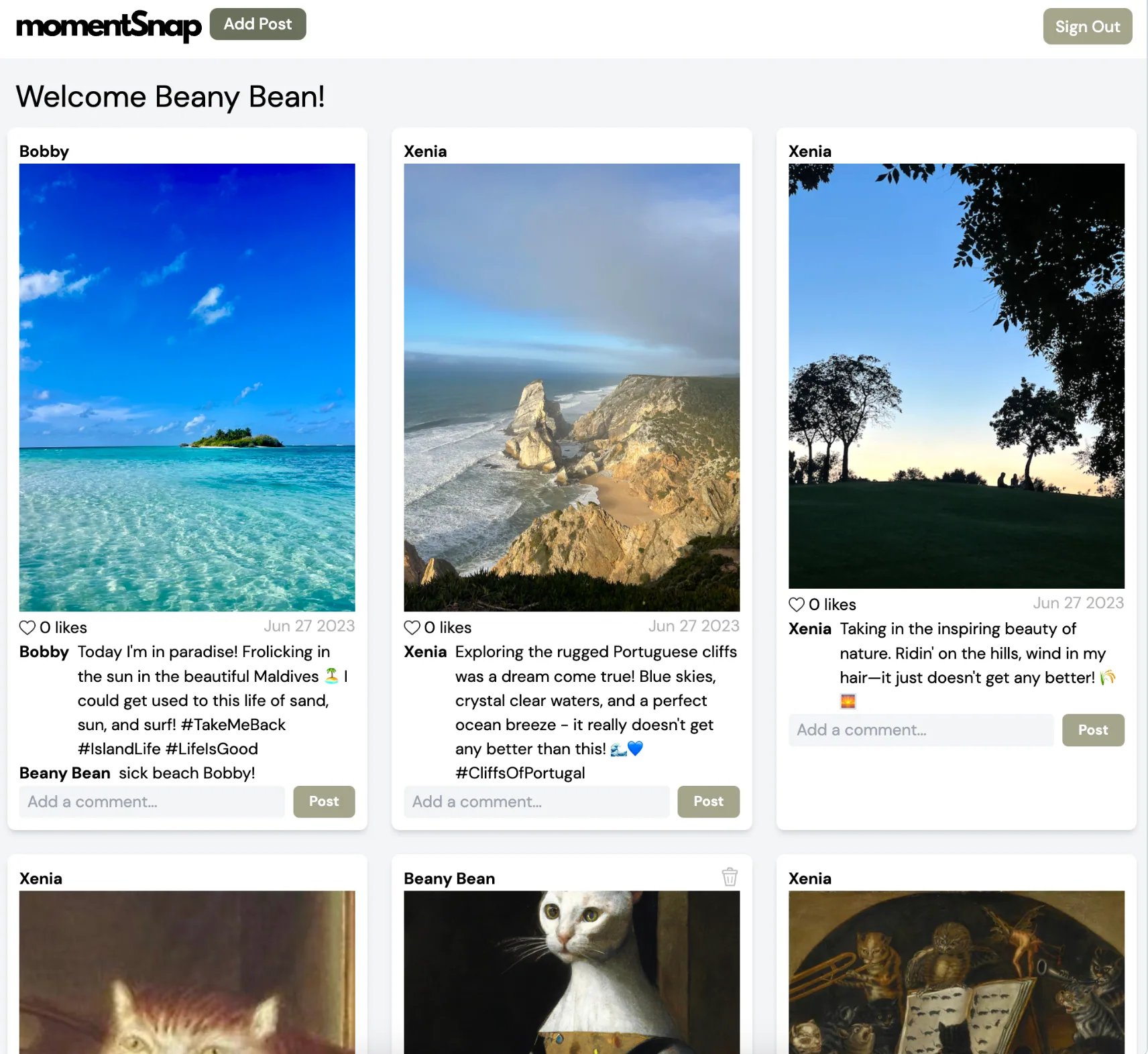 The MomentSnap feed of public posts, each with an image, caption, likes, and comments.