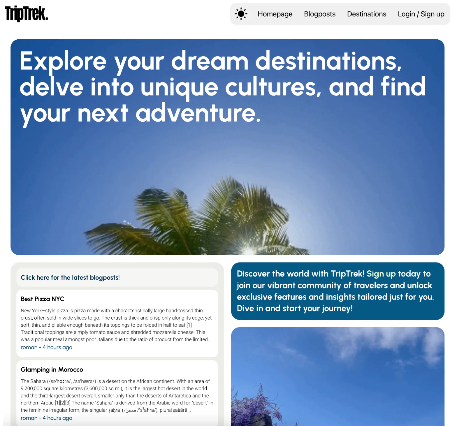 The TripTrek homepage showing colour-coded travel topics and recent posts.