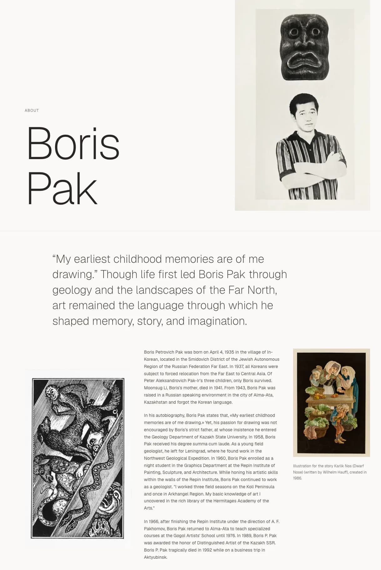 The About page: a large 'Boris Pak' heading and portrait, an oversized pull quote from the artist's autobiography, and a biography column flanked by captioned artworks.