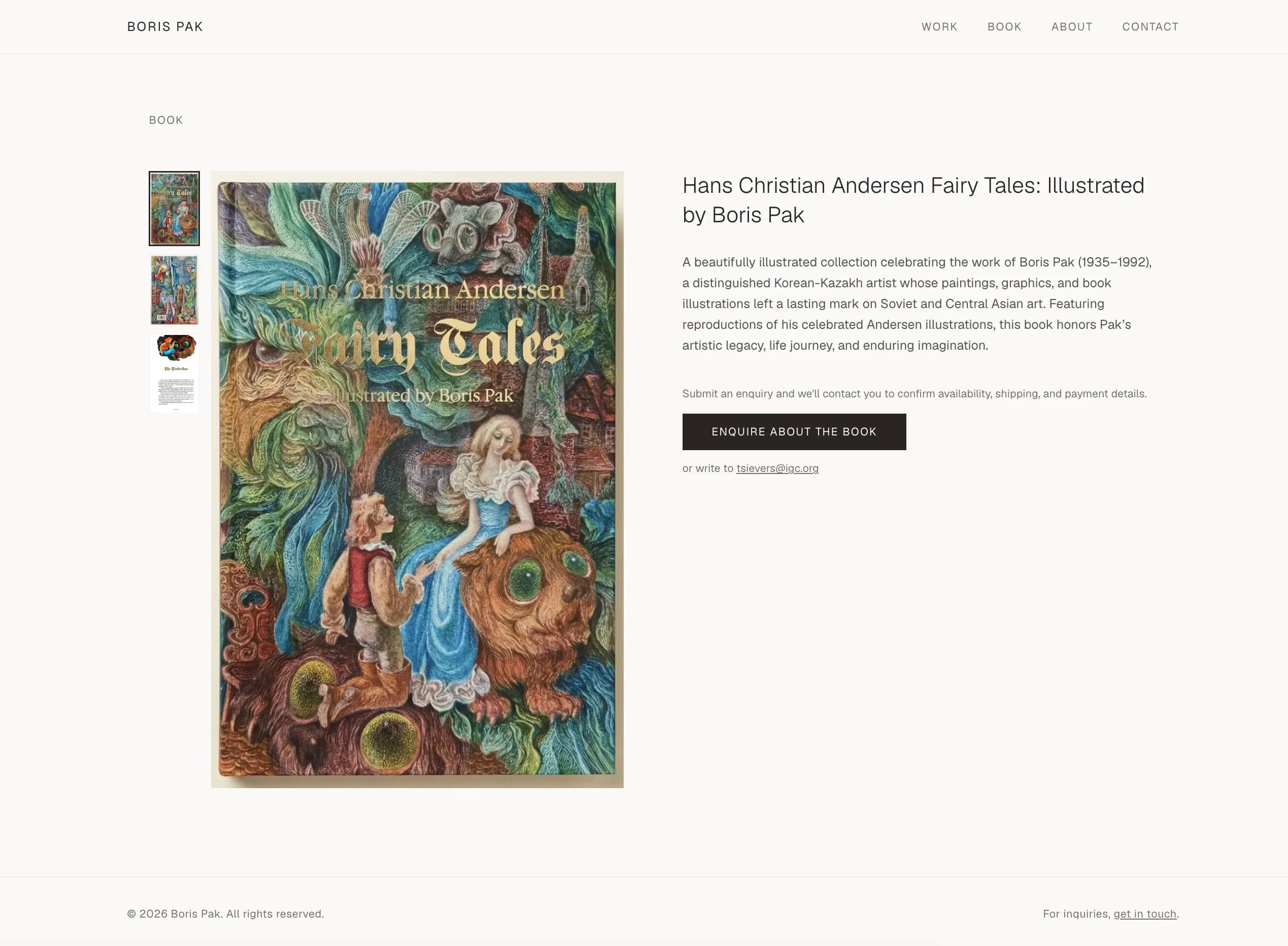 The Book page for 'Hans Christian Andersen Fairy Tales: Illustrated by Boris Pak', showing the book cover with page thumbnails and an 'Enquire about the book' action.