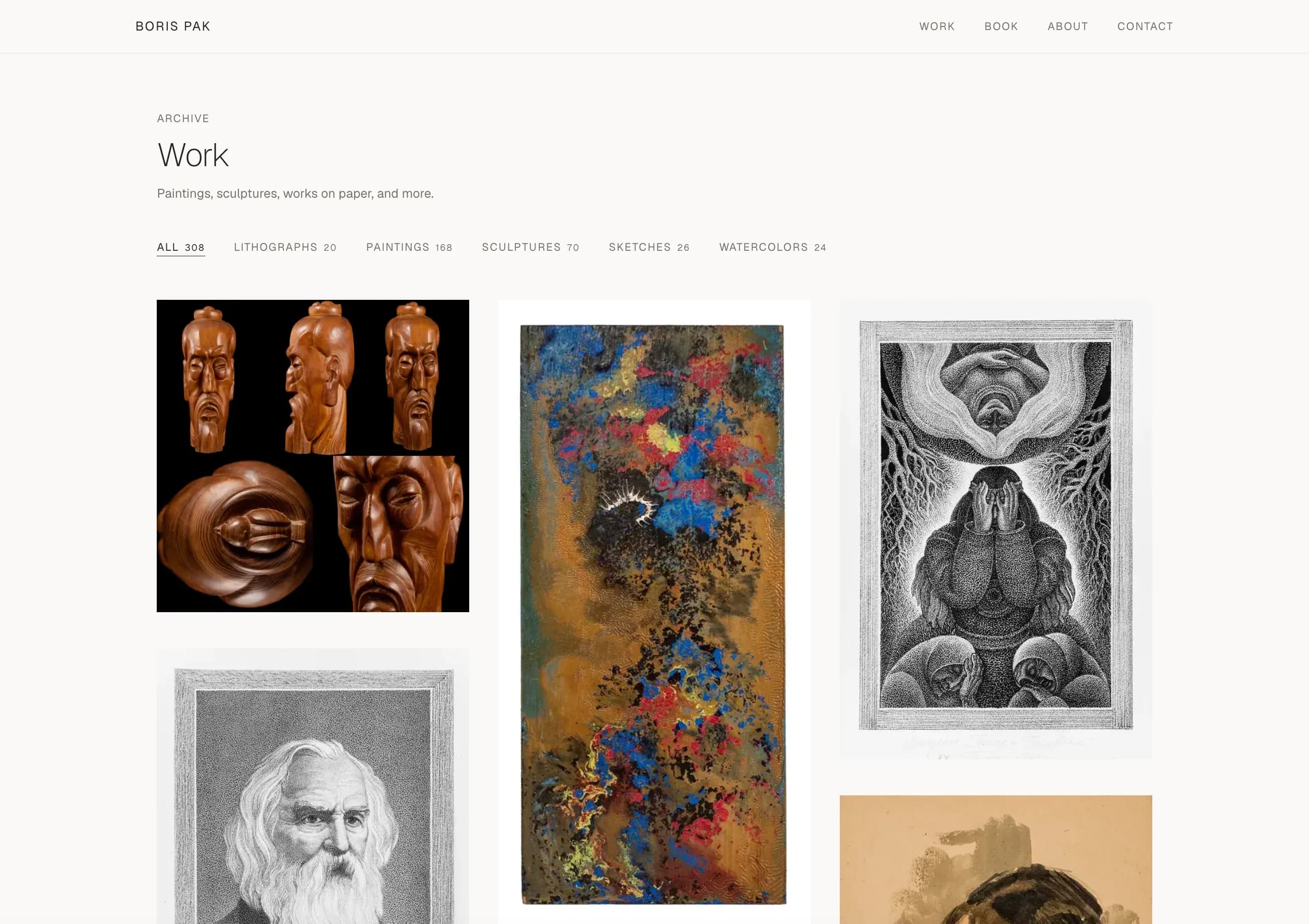 The Work archive page: category filters labelled All 308, Lithographs 20, Paintings 168, Sculptures 70, Sketches 26 and Watercolors 24 above a masonry grid of artwork thumbnails.