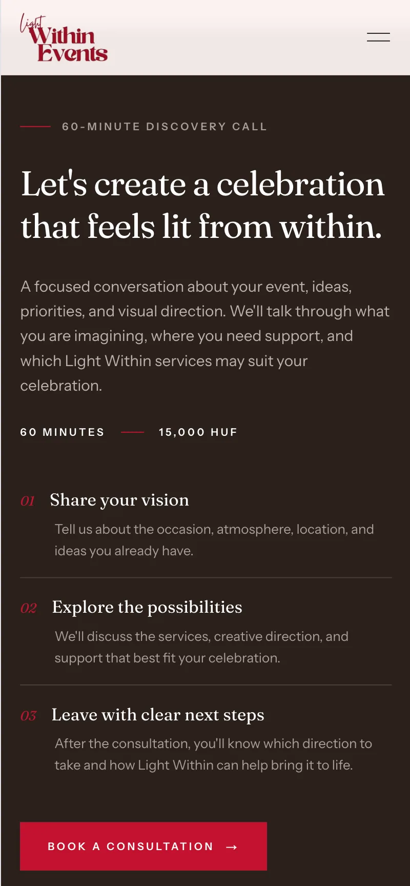 The consultation page on mobile: a 60-minute discovery call introduction, the price, a three-step process, and a booking button.
