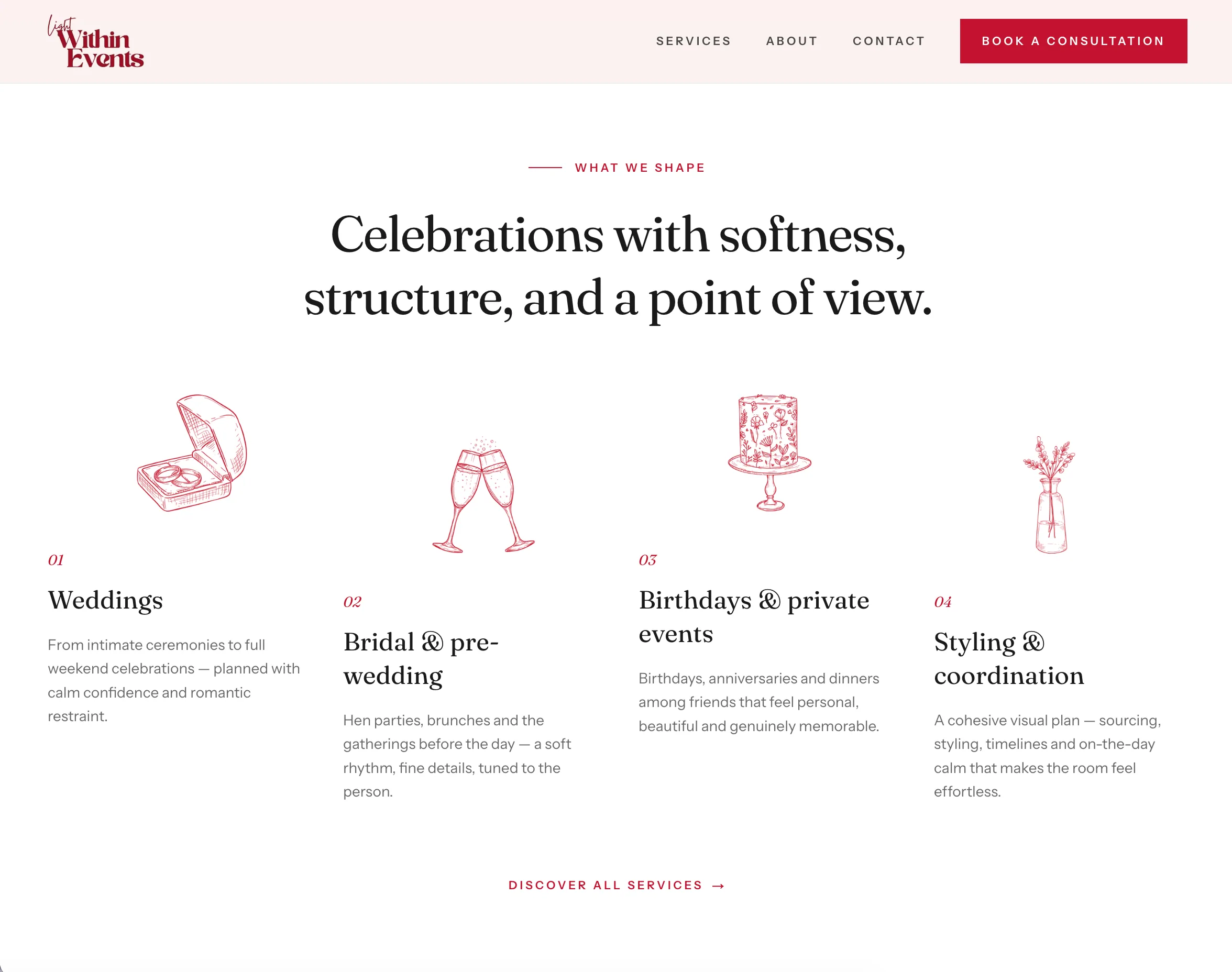 A detailed offerings section breaking down what each event-planning package includes.