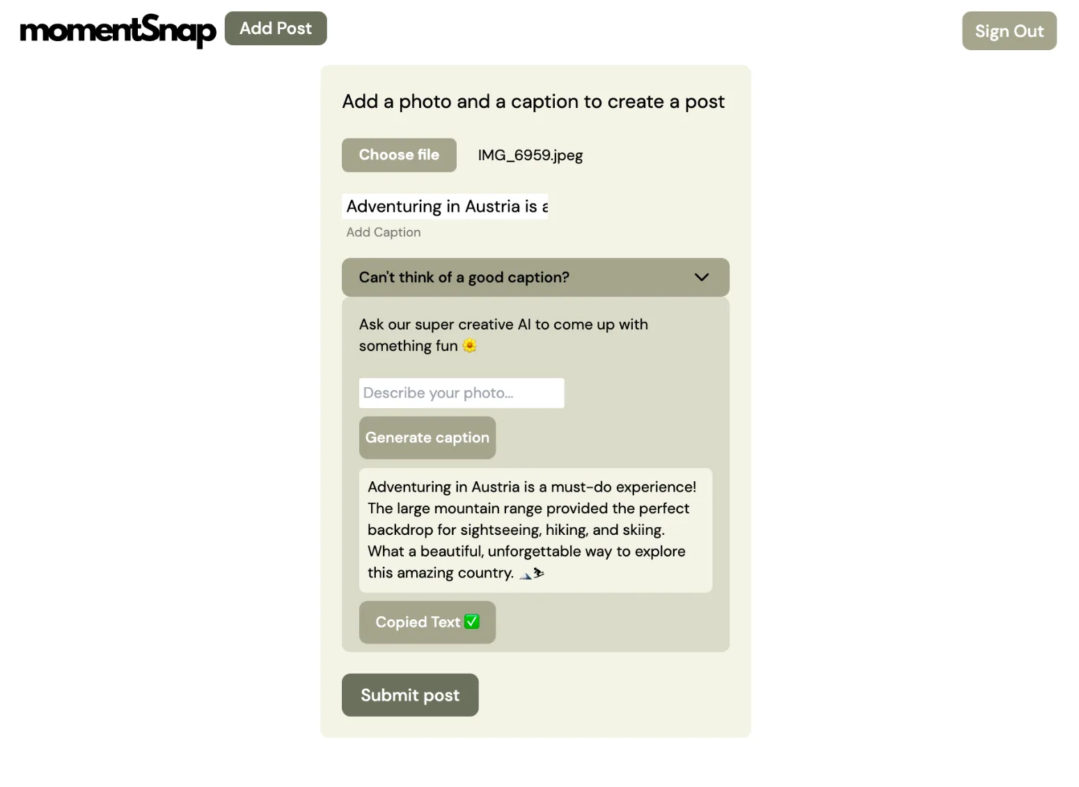 The MomentSnap post composer with the AI caption generator returning a suggested caption for an uploaded image.