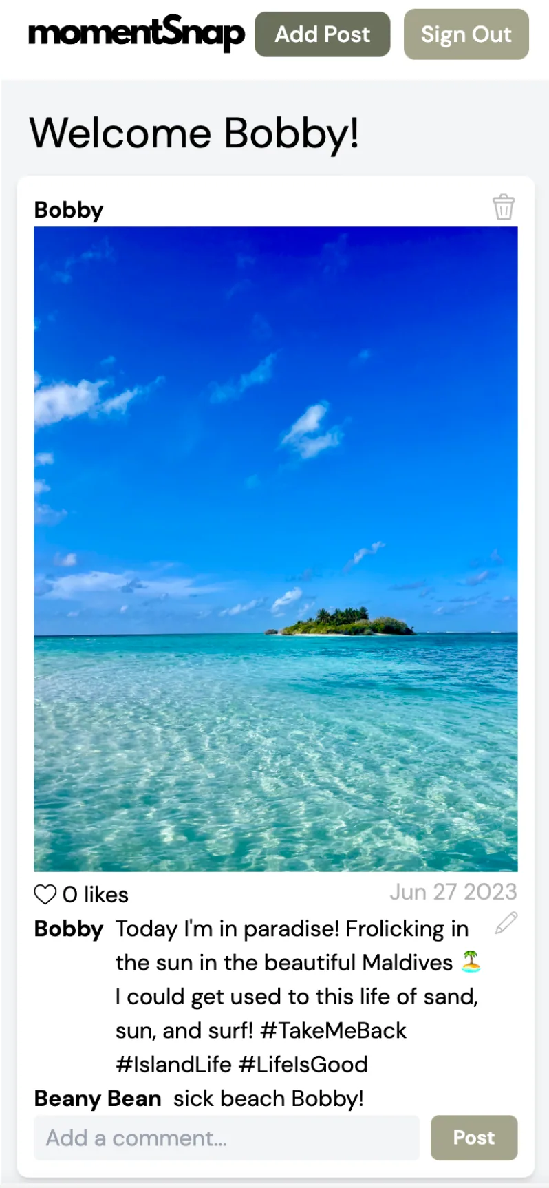 MomentSnap on a mobile screen, with posts stacked in a single scrolling column.