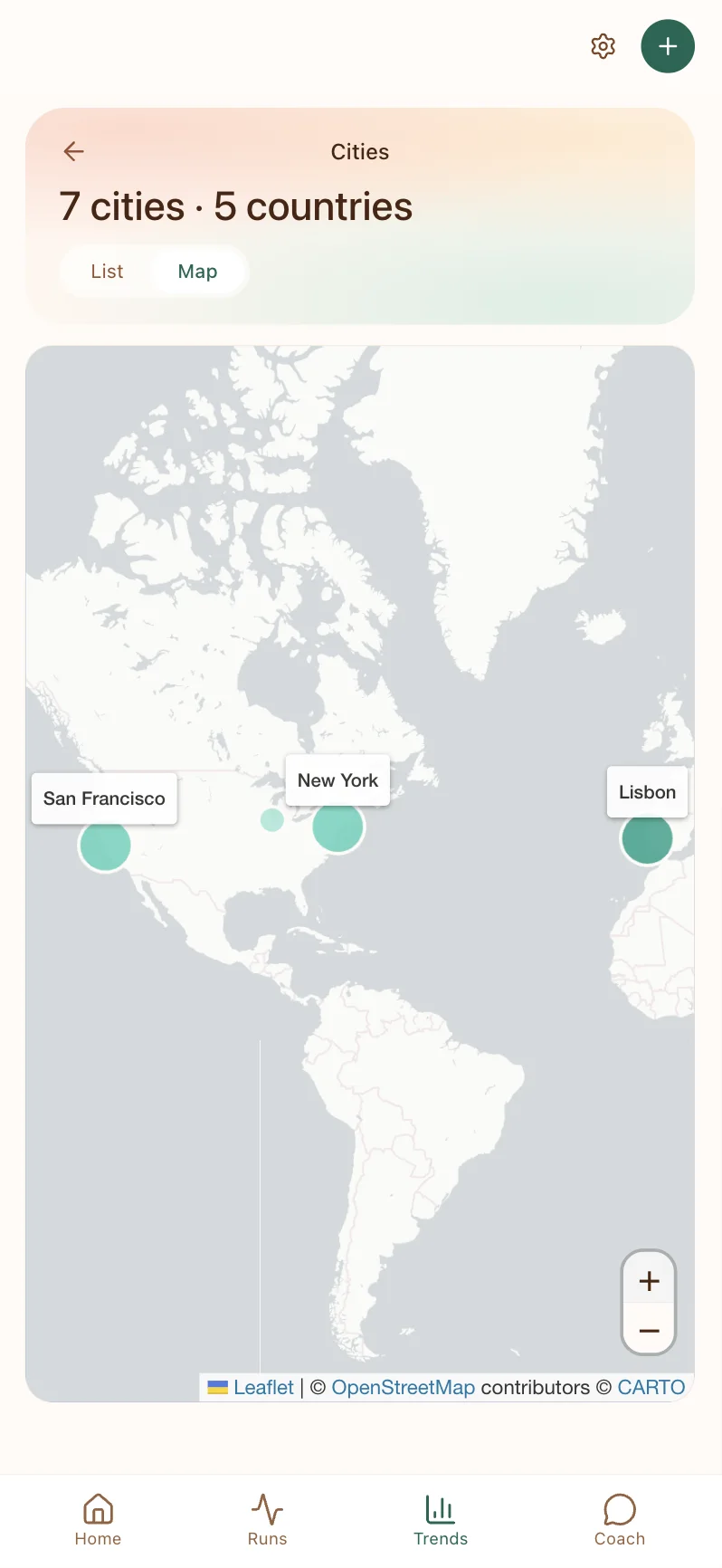 Cities map screen showing seven cities across five countries on a world map, with markers on San Francisco, New York, and Lisbon.