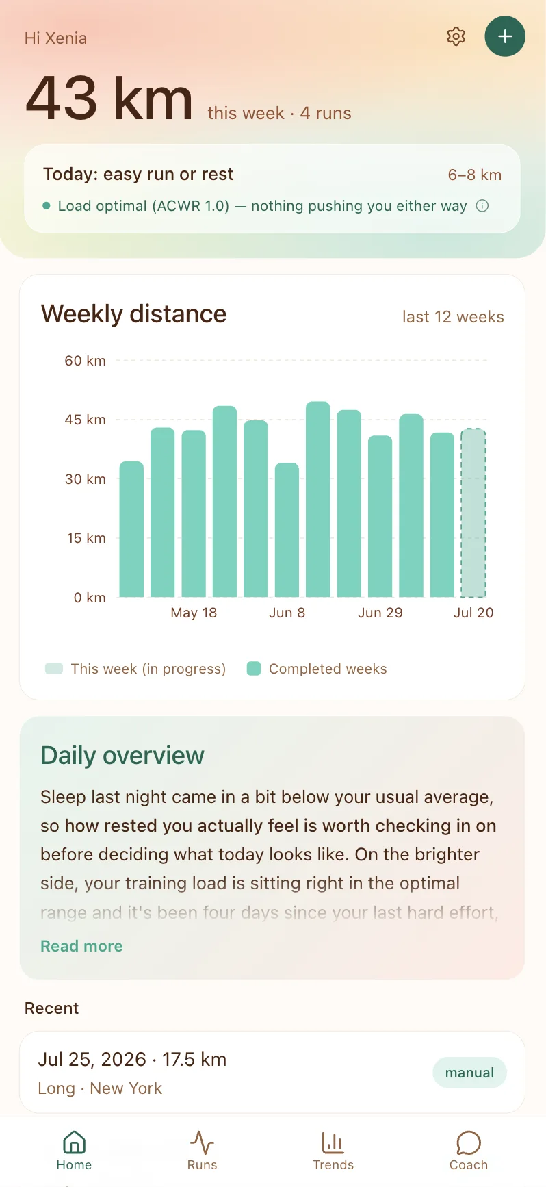 StrideSense home screen: 43 km across 4 runs this week, a suggestion to take an easy run or rest with training load marked optimal at ACWR 1.0, a 12-week weekly-distance chart, and a daily overview noting below-average sleep.