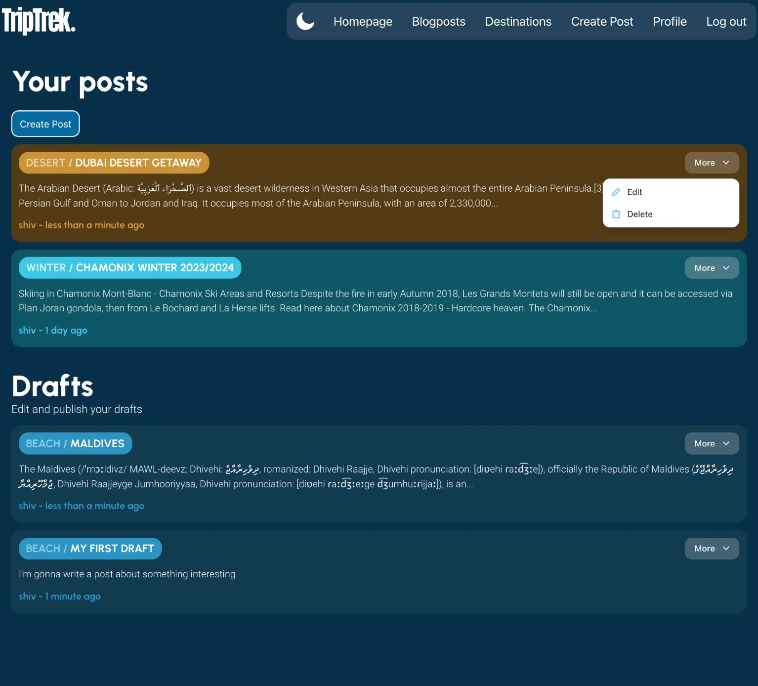 The TripTrek interface in dark mode, with the colour-coded topics adapted for a dark background.