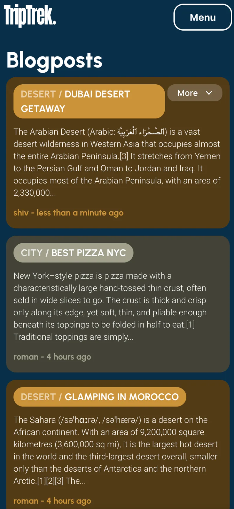 TripTrek on a narrow mobile screen, with the layout stacked into a single column.