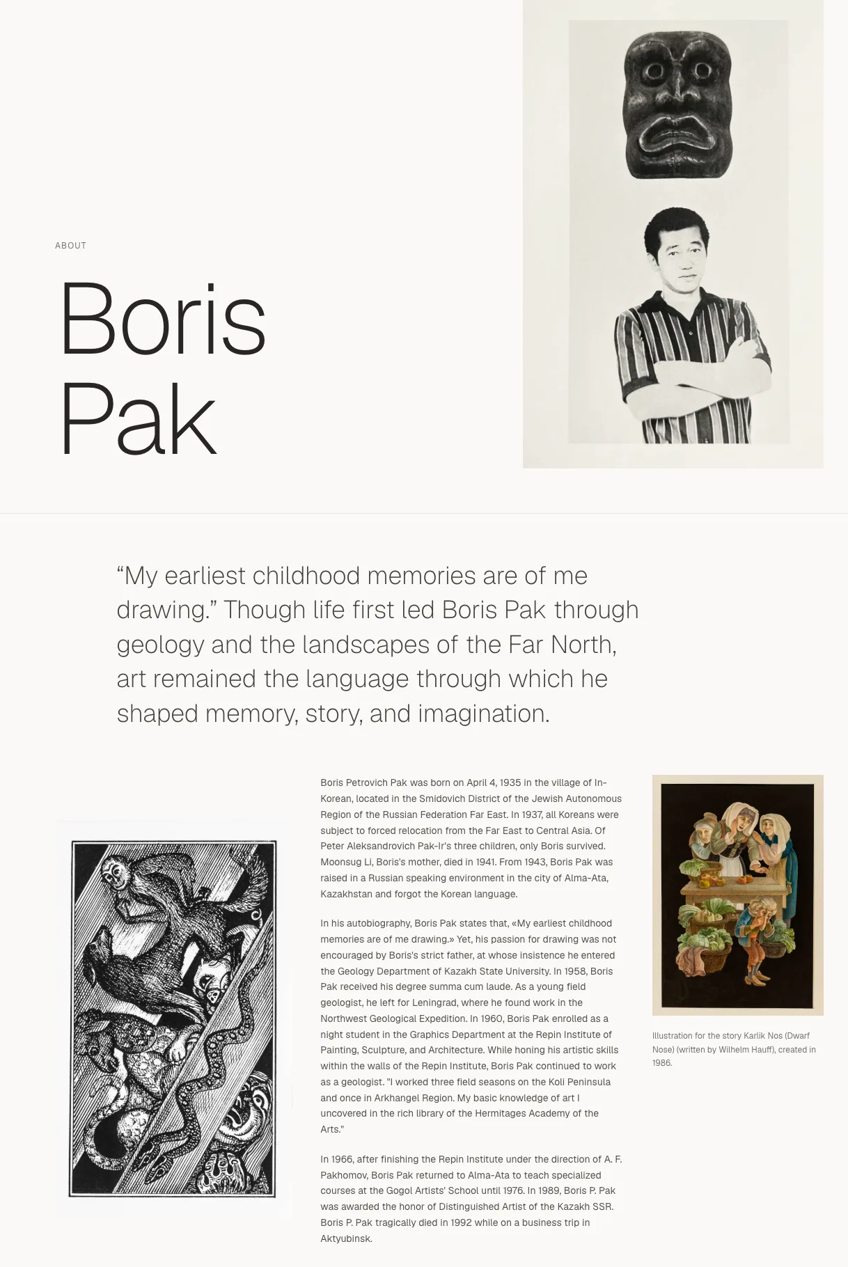The About page: a large 'Boris Pak' heading and portrait, an oversized pull quote from the artist's autobiography, and a biography column flanked by captioned artworks.