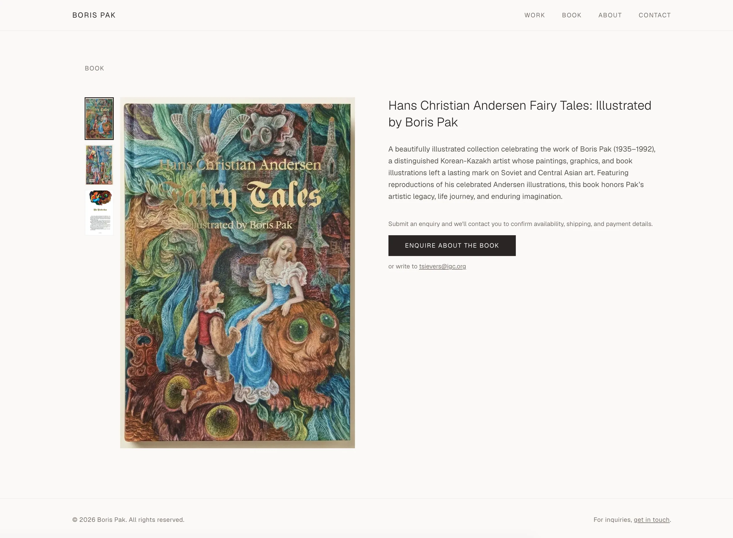 The Book page for 'Hans Christian Andersen Fairy Tales: Illustrated by Boris Pak', showing the book cover with page thumbnails and an 'Enquire about the book' action.
