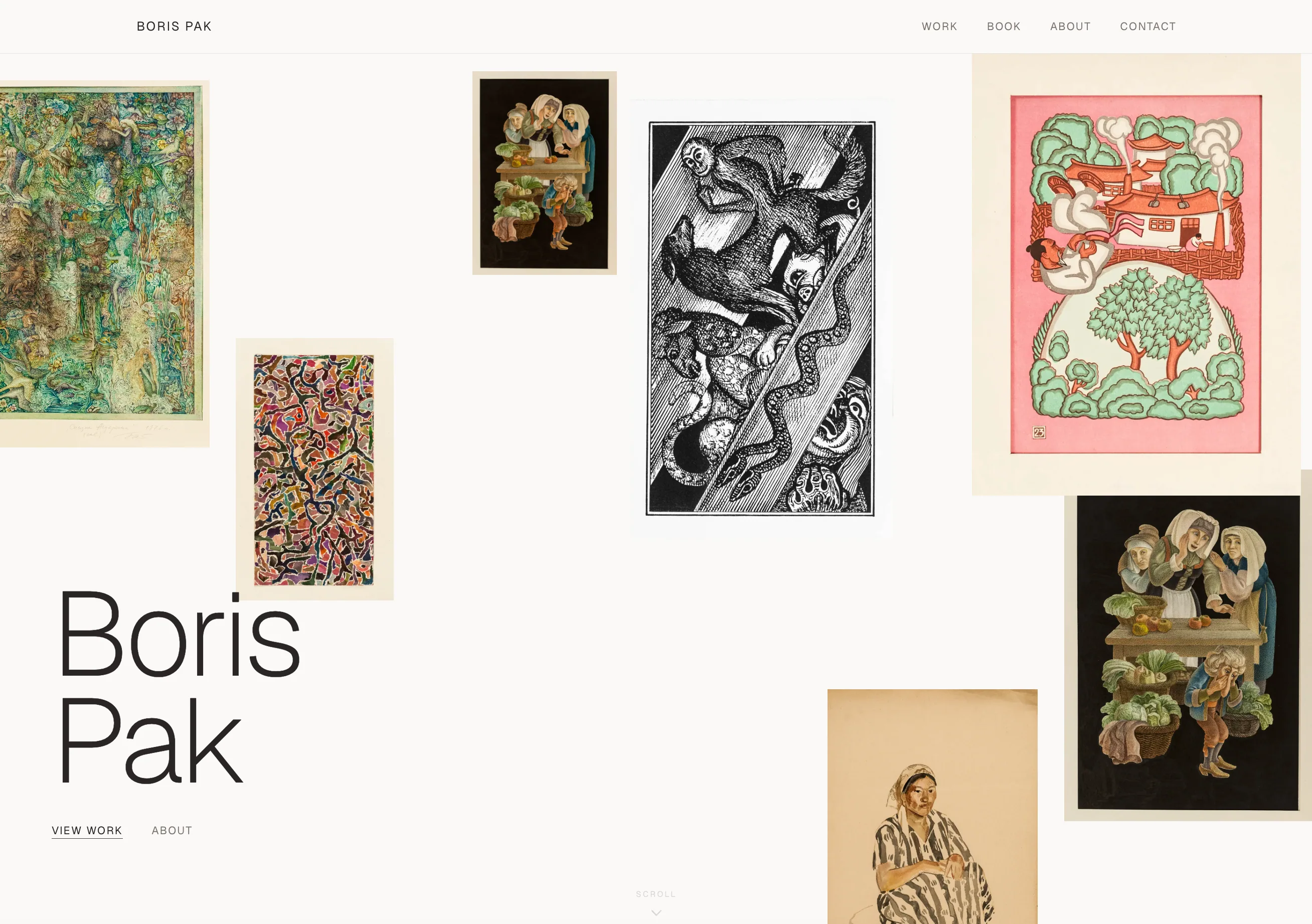 Boris Pak Gallery homepage: artworks scattered asymmetrically across a pale background around large 'Boris Pak' display type, with a minimal Work, Book, About, Contact navigation.