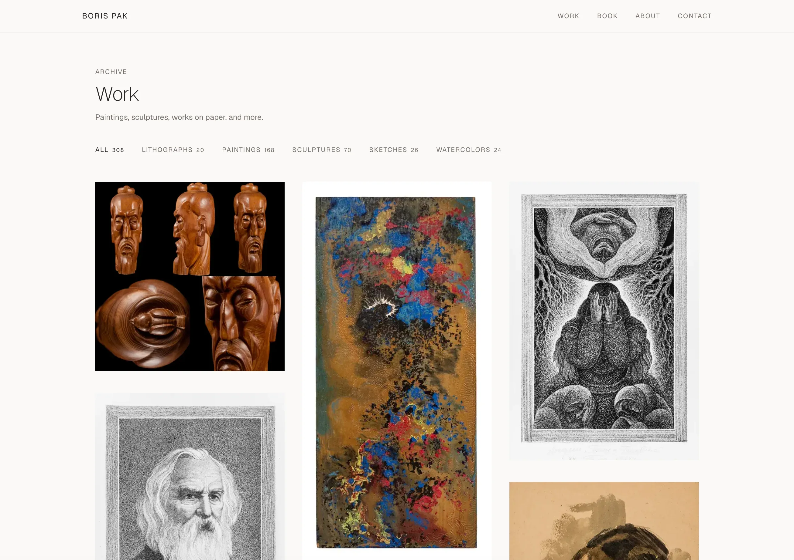 The Work archive page: category filters labelled All 308, Lithographs 20, Paintings 168, Sculptures 70, Sketches 26 and Watercolors 24 above a masonry grid of artwork thumbnails.